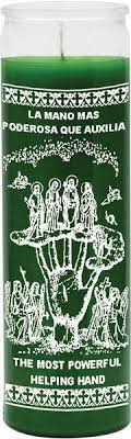 Candle 8" Screened Glass Hand/Mano Poderosa 12pk Green