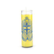 Candle 8" Screened Glass Cruz De Caravaca 12pk Yellow