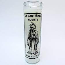 CANDLE 8" W/Label Santa Muerte 400ml 12pk White