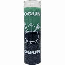 Candle 8" Screened Glass OGUN GREEN/BLACK 12PK