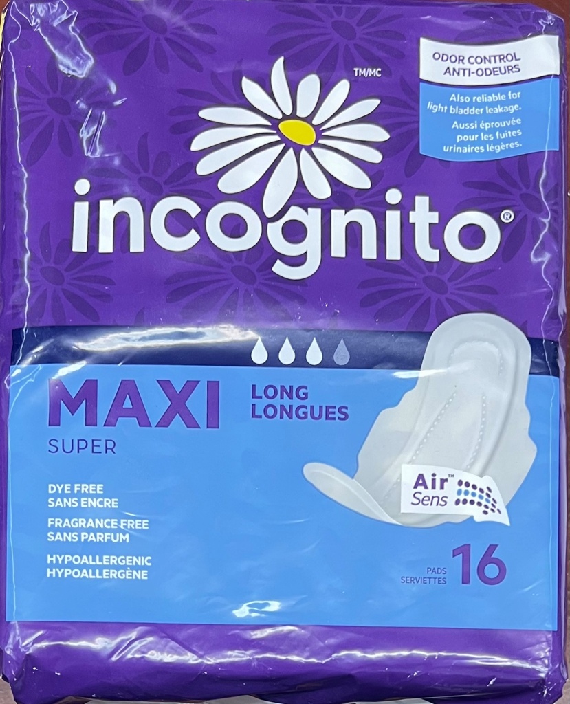 Incognito Feminine Pads Maxi Long W/Wings 16ct /6