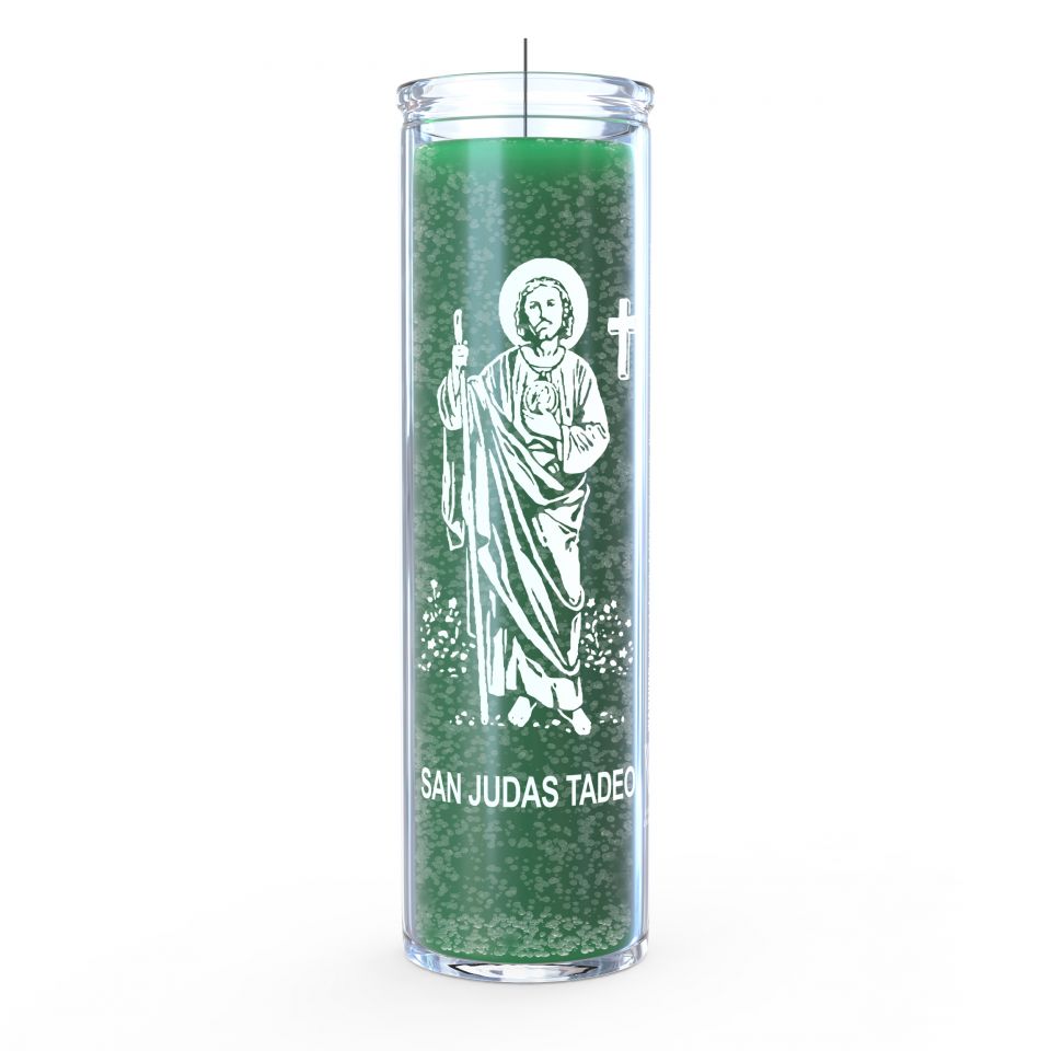 CANDLE 8" Screened glass SAN JUDAS 12PK GREEN